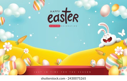 Happy easter banner product display with spring season nature landscape colored easter eggs different ornaments and copy space 