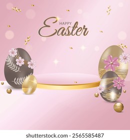 Happy Easter banner for product display. Pink pedestal or podium with golden, chocolate eggs and confetti. 3d vector