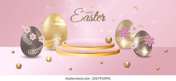Happy Easter banner for product display. Pink pedestal or podium with golden, chocolate eggs and confetti. Decorations Flowers .3d vector