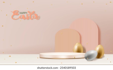 Happy Easter banner for product present.Background Pink pedestal podium with Silver,Golden eggs on beige floor,Vector Studio room with 3D Mockup Display for Easter Sale,Promotion Banner 