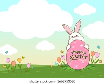 Cartel de la Pascua Feliz con el vector de los huevos de conejo y pascua