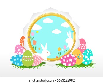 Happy Easter banner with Rabbit and Easter eggs illustration vector
