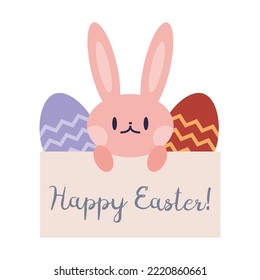 Happy Easter banner with rabbit and eggs, cartoon style. Trendy modern vector illustration isolated on white background, hand drawn, flat 