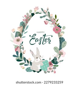 Happy Easter banner with rabbit, hand drawn lettering text and egg frame from color leaves, flowers and eggs on white background. Decorative bunny card for festive invitation. Vector illustration.