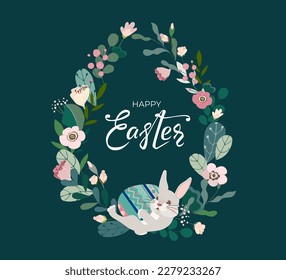 Happy Easter banner with rabbit, hand drawn lettering text and egg frame from color leaves, flowers and eggs on dark background. Decorative bunny card for festive invitation. Vector illustration.