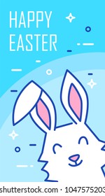 Happy Easter banner with rabbit on blue background. Thin line flat design. Vector greeting card.