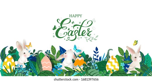 Happy Easter banner with rabbits, bright colorful eggs, leaves, flowers, butterflies. Cute easter card with white hares on white background. For festive invitation, cards, kids. Vector illustration