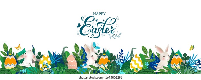 Happy Easter banner with rabbits, eggs, leaves, flowers, butterflies. Cute easter panorama with white hares on white background. For cover social network, invitation, cards, kids Vector illustration