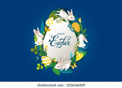 Happy Easter banner with rabbits, eggs, hand drawn lettering, flowers, butterflies. Cute card with white bunnies on blue background. For festive invitation, design elements. Vector illustration.