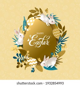 Happy Easter banner with rabbits, gold eggs, hand drawn lettering, flowers, butterflies. Cute card with white bunnies on light background. For festive invitation, design elements. Vector illustration.