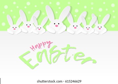 Happy Easter banner with rabbits and wishes. Vector illustration.