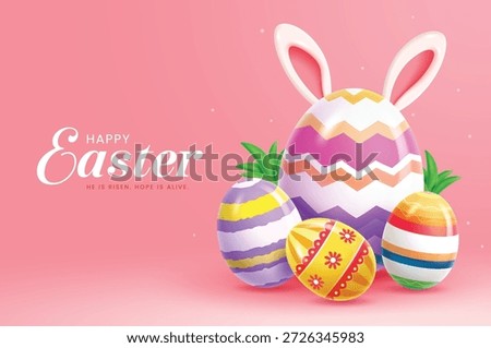 Happy Easter banner with realistic 3D decorated eggs, bunny ears, and green leaves on a soft pink background.