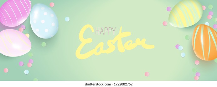 Happy easter banner. Realistic colored eggs, confetti. Vector