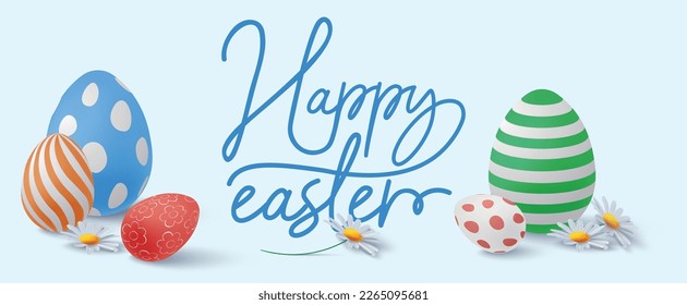 Happy Easter banner. Easter realistic colorful egg and flowers. 3d vector illustration for greeting card, website, banner, sale, discount, poster, coupon, invitation, menu, pattern.