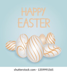 Happy Easter banner with realistic  eggs on blue background. 