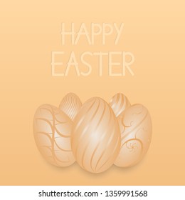 Happy Easter banner with realistic  eggs on beige background. 