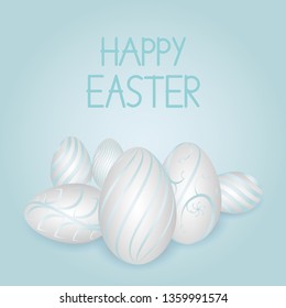 Happy Easter banner with realistic  eggs on blue background. 