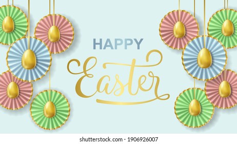 Happy Easter banner with realistic golden eggs and paper flowers