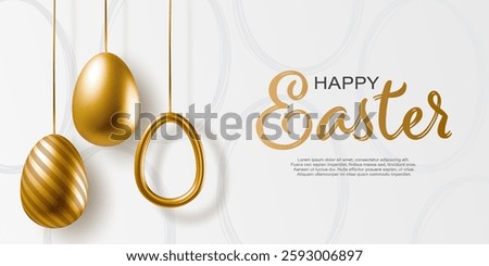 Happy Easter banner with realistic golden eggs with different designs. 3d vector egg decorations for greeting card, web banner, flyer, promotion, poster, social media. Isolated on pattern background.