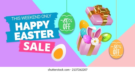 Happy Easter banner. Realistic pink opened gift box full of a decorative easter eggs with rabbit Holiday banner, web poster, flyer, stylish brochure, greeting card, cover. spring easter background 