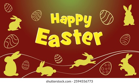 Happy Easter banner red background. Greeting card with easter eggs, bunny, leaves in modern cartoon style. Cute creative holiday concept.
