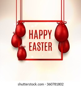 Happy Easter banner with red eggs. Elegant vector illustration with a congratulation. Realistic red eggs with bows on tapes.