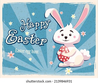 Happy Easter banner retro. Greeting card with rabbit, bunny, egg. Vector illustration vintage