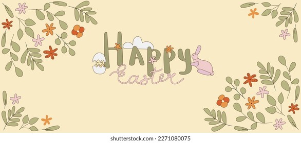 Happy Easter banner in retro groovy style. Vintage flat illustration with flowers, leaves, rabbit, chicken and positive quote. Cartoon charachters. 70s vibes. 