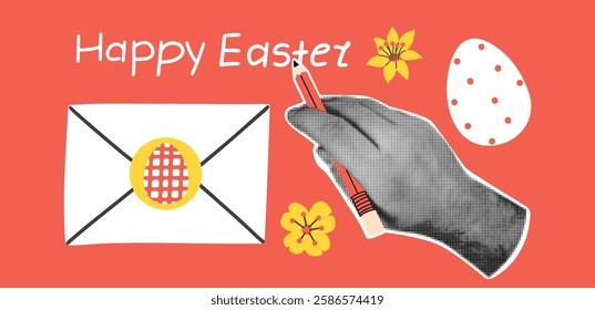 Happy Easter banner with retro hand , eggs, flowers, envelope and handwritten text. 