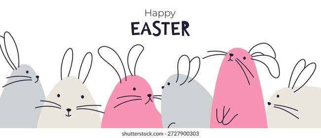 Happy Easter Banner with row of Cute Doodle Bunnies