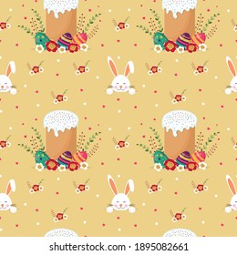 Happy Easter banner. Seamless pattern. Cute bunny. Colored eggs, traditional cake, flowers and branches. Vector illustration isolated on a yellow background.