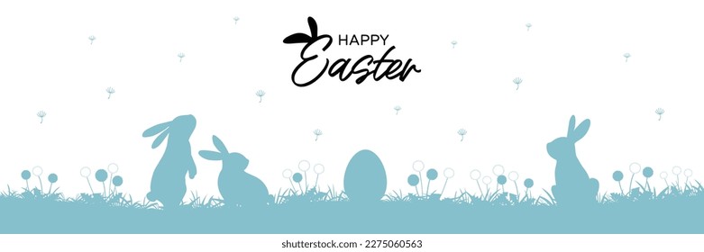 Happy Easter banner. Easter seamless pattern with bunnies and eggs. easter horizontal background with bunnies, dandelion, flowers and eggs .