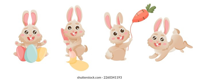 Happy Easter banner set with cute bunny. Vector rabbit character set. Animal wildlife holidays cartoon