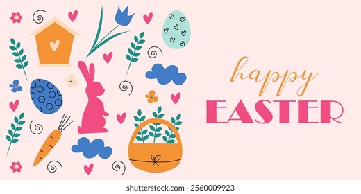 Happy Easter banner. Set of cute Easter design elements: bunny, chicks, festive cake, spring flowers, eggs.