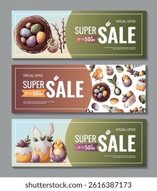 Happy Easter banner set with decorated easter eggs, bird's nest, easter cakes, chickens, wreath. Vector illustration for, banner, promo, sale, advertising.