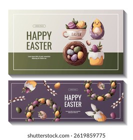 Banner feliz Páscoa definido com ovos de páscoa decorados, ninho de pássaro, bolos de páscoa, galinhas, coroa. Ilustração de vetor para, banner, promoção, venda, publicidade.	