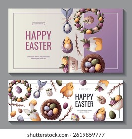 Banner feliz Páscoa definido com ovos de páscoa decorados, ninho de pássaro, bolo de páscoa, pintos, coroa. Ilustração de vetor para, banner, promoção, venda, publicidade.	