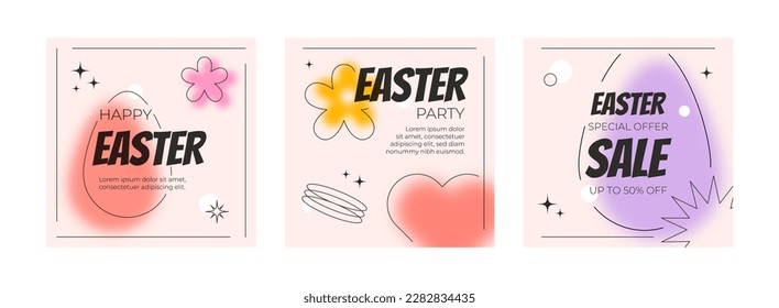 Happy Easter banner, set greeting card, post. Trendy blurred shapes, typography, y2k. Social media post templates. Vector illustration for mobile apps, banner design.