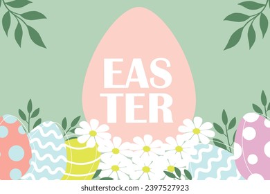 Happy Easter banner, sign. Easter eggs and happy Easter inscription. Colorful bright eggs. Vector backgrounds for social media posts, mobile apps, greeting cards, invitations, banner design.