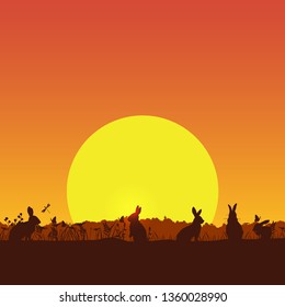 Happy Easter banner, Silhouette of rabbits at sunset, vector