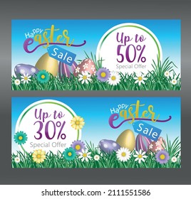 Frohe Osterbanner mit einem speziellen Rabatt für Marketing-Verkäufe. Banner mit Gras, Blumen auf blauem Hintergrund