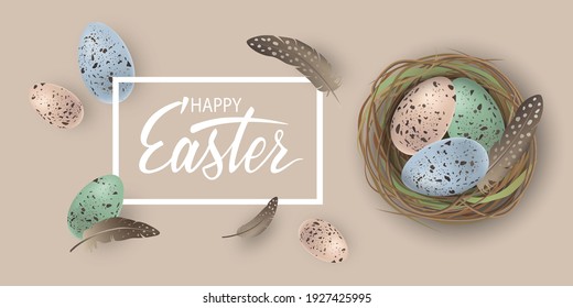 Happy Easter banner with speckled Easter eggs in the nest and feathers on beige background. Greetings for Easter Day top view, flat lay. Promotion, sale and shopping template. Vector illustration