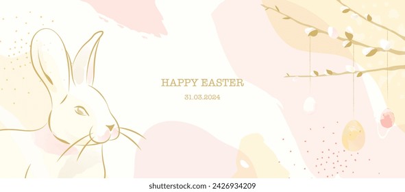 Happy Easter Banner. Spring Easter Card Template Design with Cute Rabbit and Pink Gold and White Springtime Background. Easter Eggs and Bunny Silhouette Decorations.