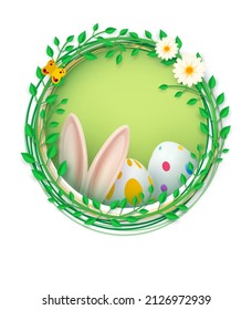 Happy Easter banner. Spring composition in a round frame, rabbit ears, Easter eggs, leaves and flowers. Place for your text. Vector illustration