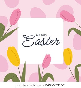 Happy Easter banner. Square background for social media with tulips and egg shapes. Flat vector illustration.