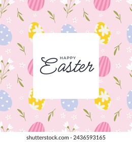 Happy Easter banner. Square background for social media with Easter eggs and white wildflowers. Flat vector illustration.