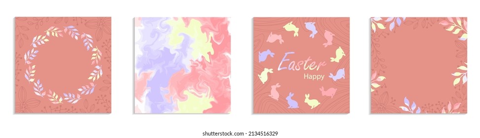 Happy Easter banner. Square cards for posting on social networks. Holiday promo templates. Set of border frames. Vector illustration.
