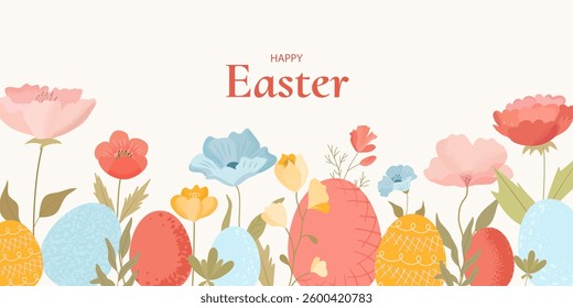 Happy Easter banner with a stylish, bright design. Features pastel eggs, an Easter bunny, and spring flowers in a modern art style. Ideal for posters, greeting cards, social media, and web headers