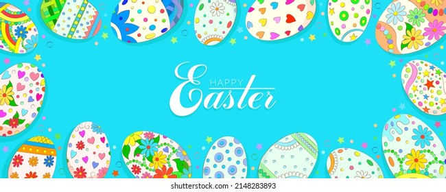 Happy Easter banner with stylized eggs on a blue background. Banner for wite with decorative easter elements