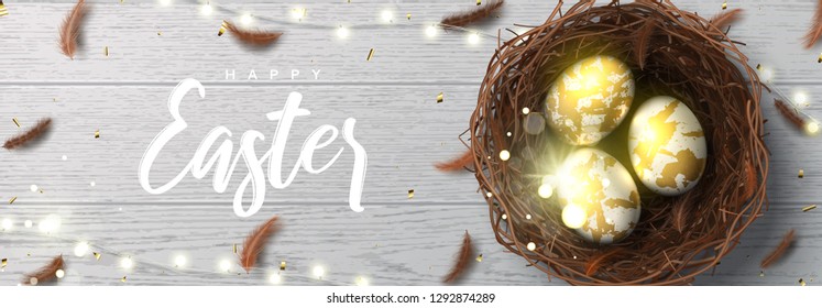 Happy Easter banner template. Beautiful background with realistic wicker nest, white golden eggs, sparkling gold confetti, shining garland and chicken feathers. Holiday vector illustration.